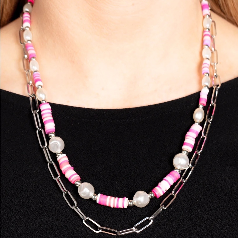 NEW Boutique Pink Bead & White Pearl Striped 2 Tier Silver Y2K Handmade Necklace